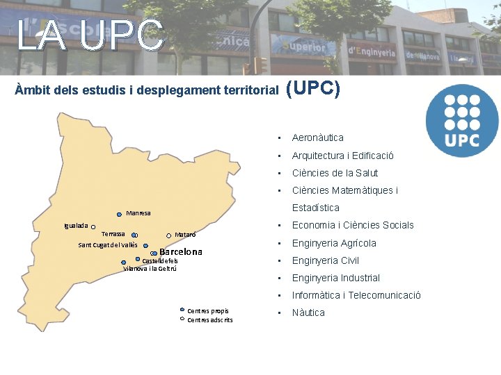 LA UPC Àmbit dels estudis i desplegament territorial • Aeronàutica • Arquitectura i Edificació