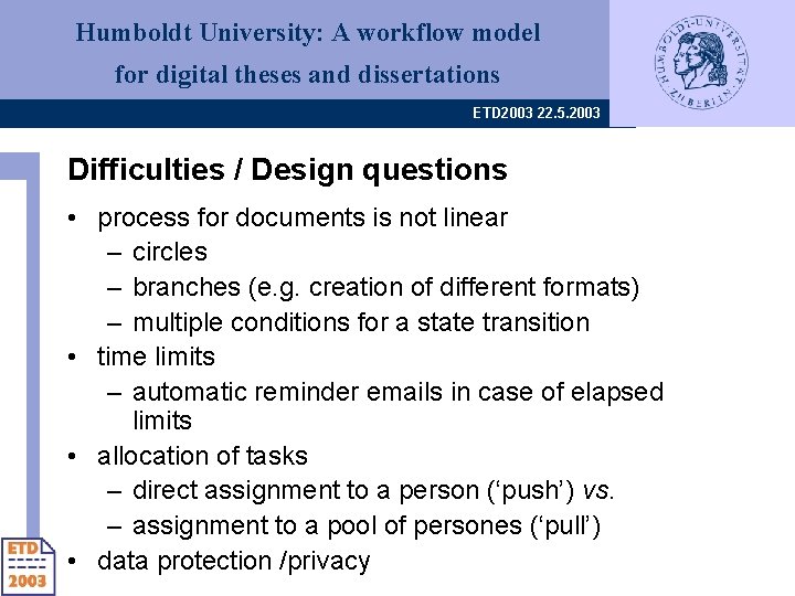 Humboldt University: A workflow model for digital theses and dissertations ETD 2003 22. 5.