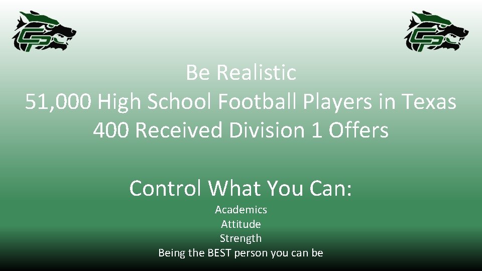 Be Realistic 51, 000 High School Football Players in Texas 400 Received Division 1