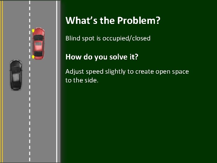 What’s the Problem? Blind spot is occupied/closed How do you solve it? Adjust speed