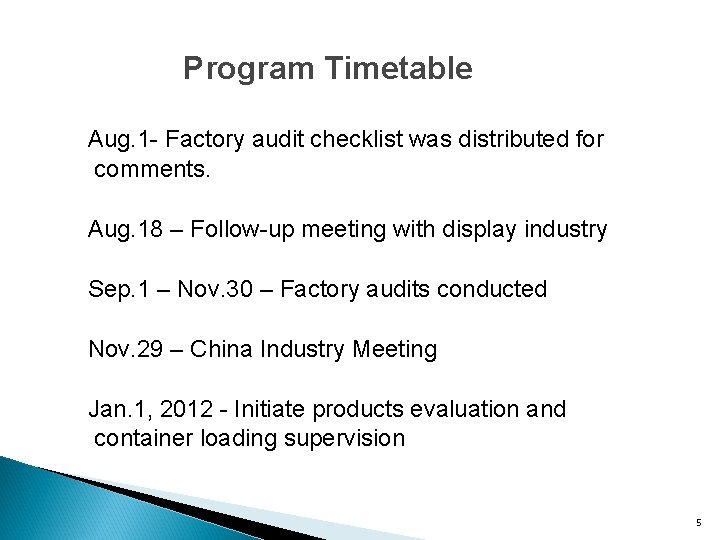 Program Timetable Aug. 1 - Factory audit checklist was distributed for comments. Aug. 18