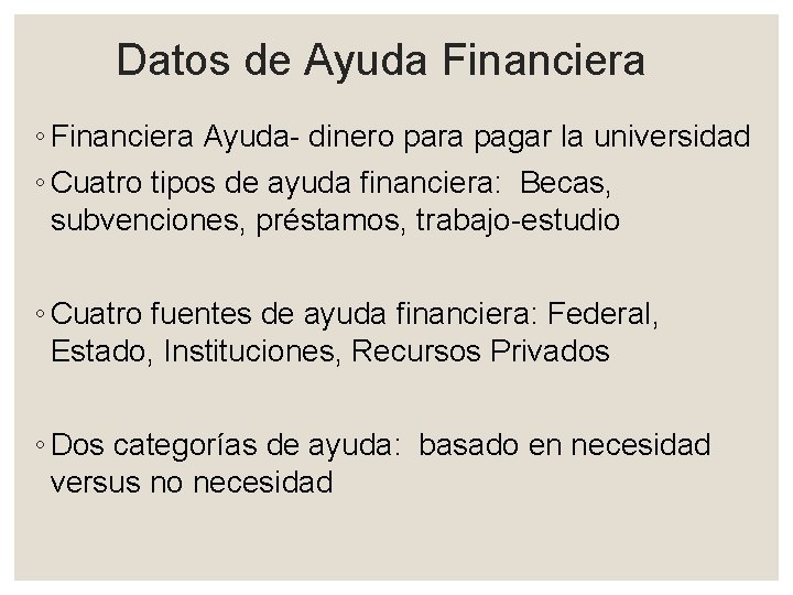 Datos de Ayuda Financiera ◦ Financiera Ayuda- dinero para pagar la universidad ◦ Cuatro