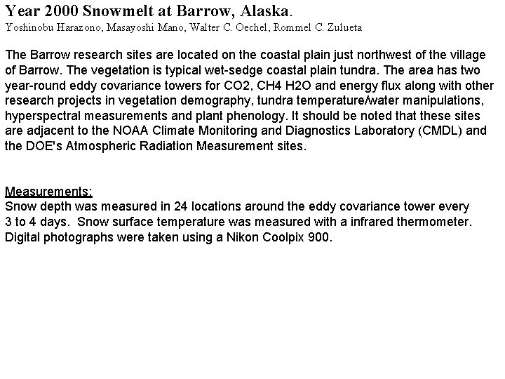 Year 2000 Snowmelt at Barrow, Alaska. Yoshinobu Harazono, Masayoshi Mano, Walter C. Oechel, Rommel