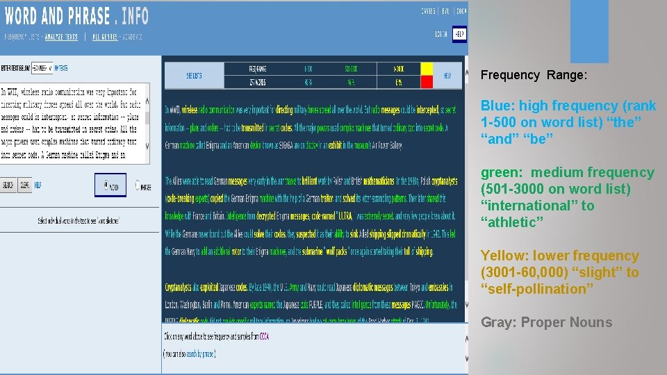 Frequency Range: Blue: high frequency (rank 1 -500 on word list) “the” “and” “be” Frequency Range: Blue: high frequency (rank 1 -500 on word list) “the” “and” “be”