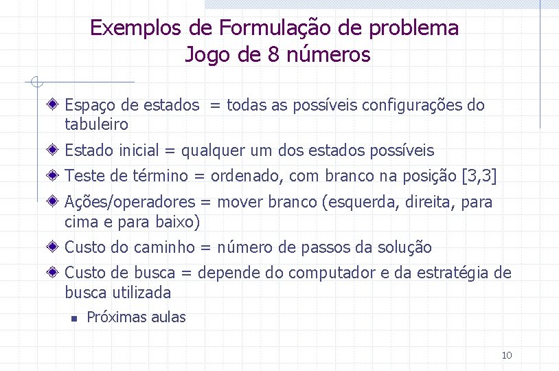 Exemplos de Formulação de problema Jogo de 8 números Espaço de estados = todas