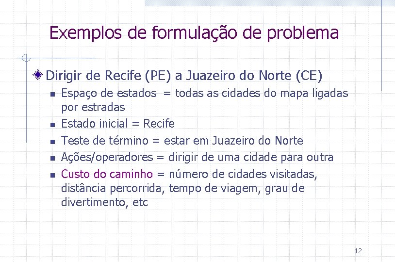 Exemplos de formulação de problema Dirigir de Recife (PE) a Juazeiro do Norte (CE)