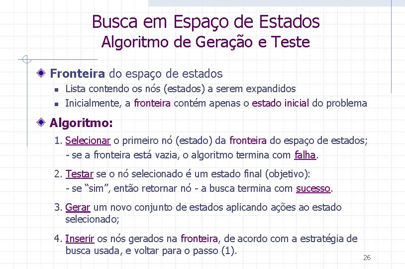 Busca em Espaço de Estados Algoritmo de Geração e Teste Fronteira do espaço de