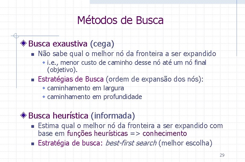 Métodos de Busca exaustiva (cega) n Não sabe qual o melhor nó da fronteira