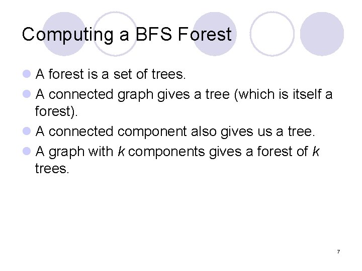 Computing a BFS Forest l A forest is a set of trees. l A