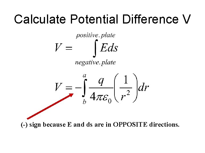Calculate Potential Difference V (-) sign because E and ds are in OPPOSITE directions.