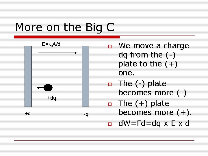 More on the Big C E=e 0 A/d o o +dq o +q -q