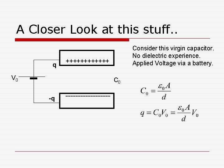 A Closer Look at this stuff. . q Consider this virgin capacitor. No dielectric