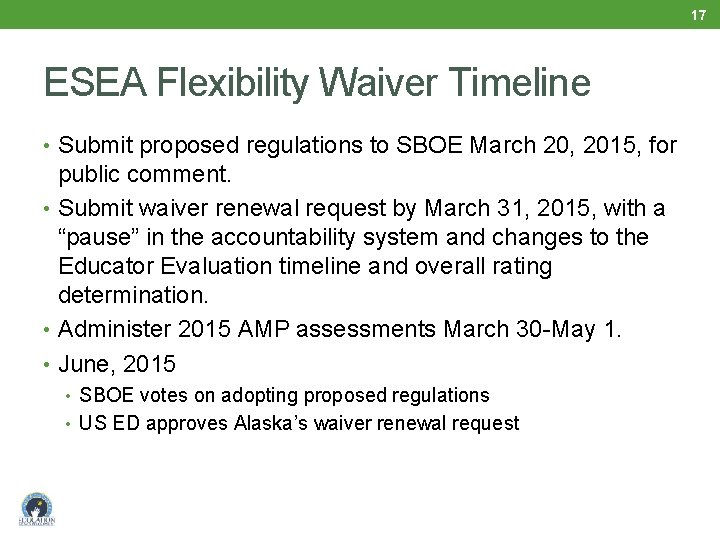 17 ESEA Flexibility Waiver Timeline • Submit proposed regulations to SBOE March 20, 2015,