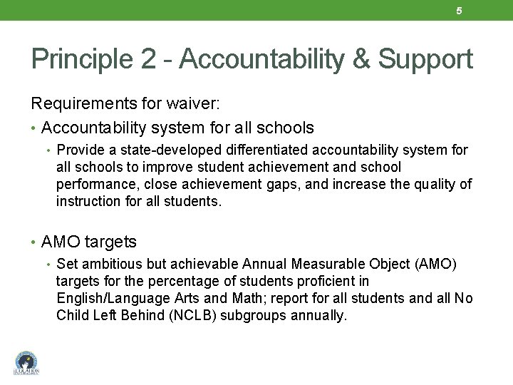 5 Principle 2 - Accountability & Support Requirements for waiver: • Accountability system for 5 Principle 2 - Accountability & Support Requirements for waiver: • Accountability system for