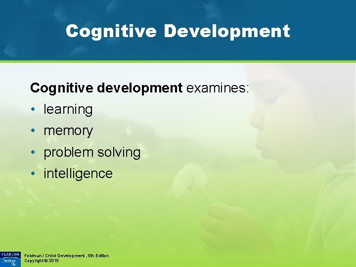 Cognitive Development Cognitive development examines: • learning • memory • problem solving • intelligence