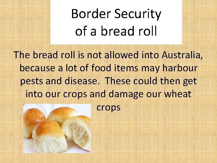 Border Security of a bread roll The bread roll is not allowed into Australia,