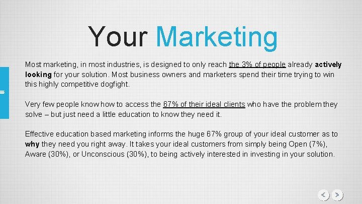 Your Marketing Most marketing, in most industries, is designed to only reach the 3%