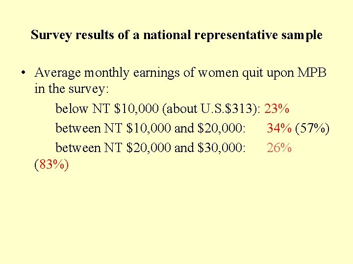 Survey results of a national representative sample • Average monthly earnings of women quit