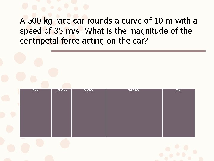 A 500 kg race car rounds a curve of 10 m with a speed