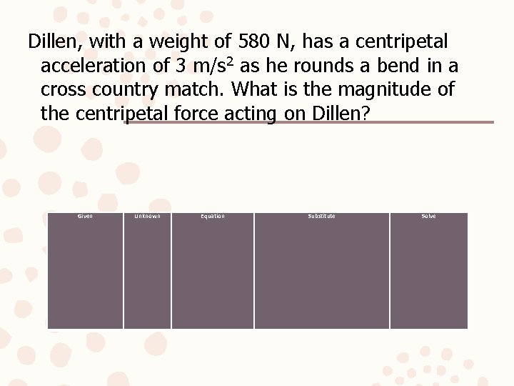 Dillen, with a weight of 580 N, has a centripetal acceleration of 3 m/s