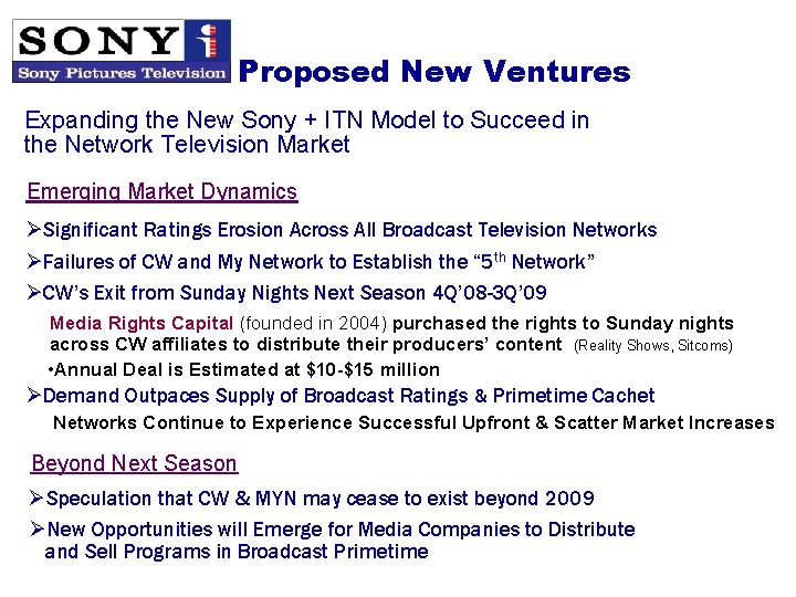 Proposed New Ventures Expanding the New Sony + ITN Model to Succeed in the