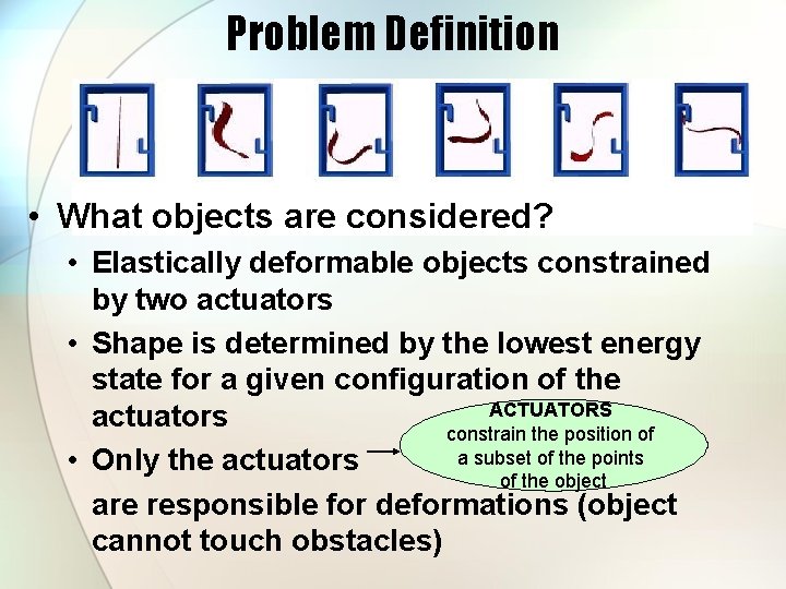 Problem Definition • What objects are considered? • Elastically deformable objects constrained by two