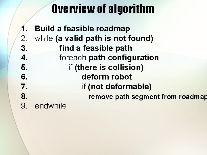 Overview of algorithm 1. Build a feasible roadmap 2. while (a valid path is