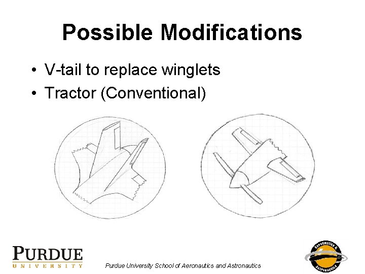 Possible Modifications • V-tail to replace winglets • Tractor (Conventional) Purdue University School of