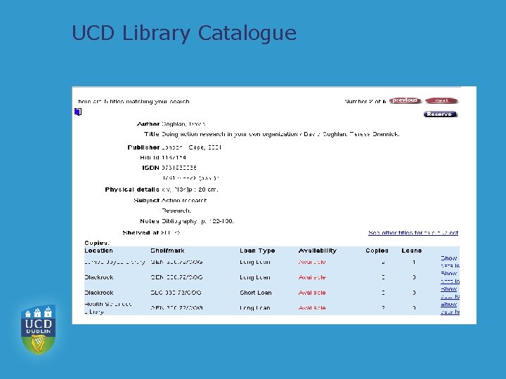 UCD Library Catalogue 