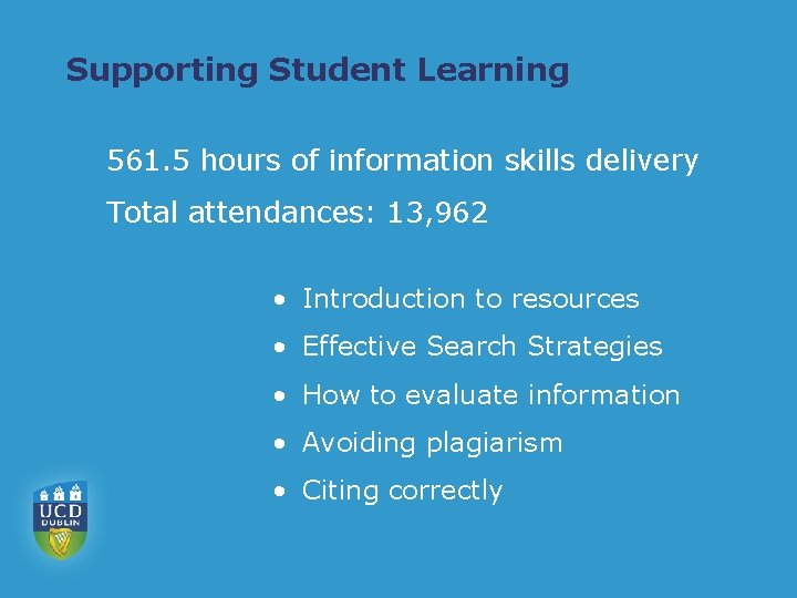 Supporting Student Learning 561. 5 hours of information skills delivery Total attendances: 13, 962