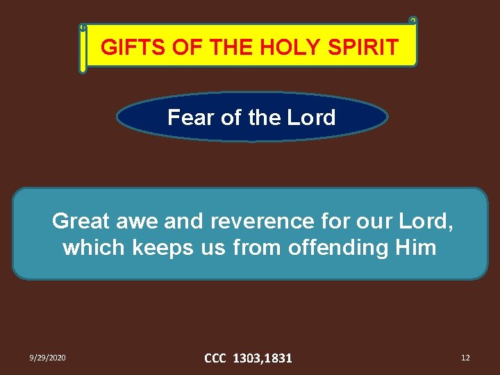 GIFTS OF THE HOLY SPIRIT Fear of the Lord Great awe and reverence for