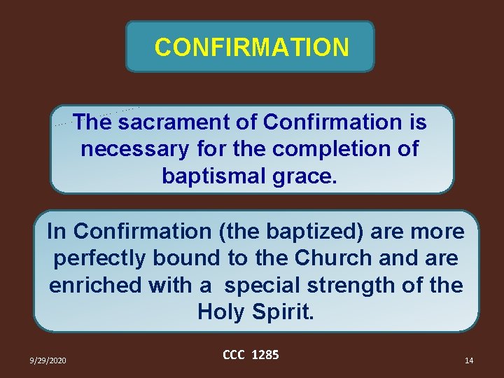 CONFIRMATION The sacrament of Confirmation is necessary for the completion of baptismal grace. In