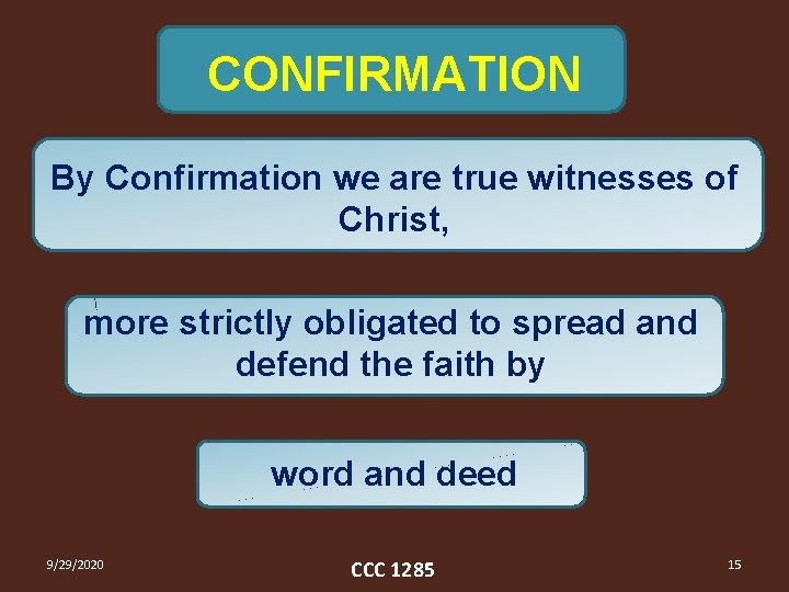 CONFIRMATION By Confirmation we are true witnesses of Christ, more strictly obligated to spread