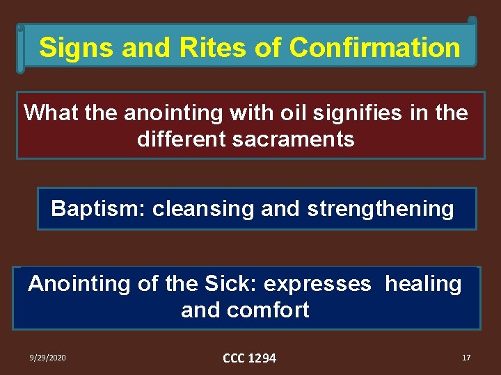 Signs and Rites of Confirmation What the anointing with oil signifies in the different