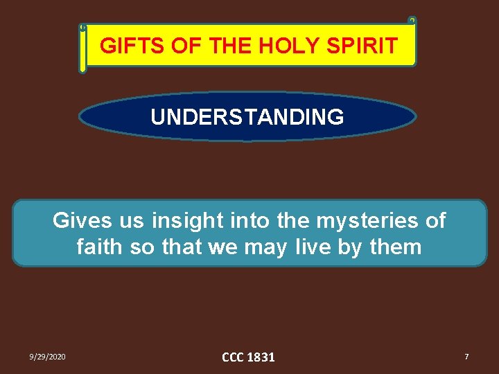 GIFTS OF THE HOLY SPIRIT UNDERSTANDING Gives us insight into the mysteries of faith