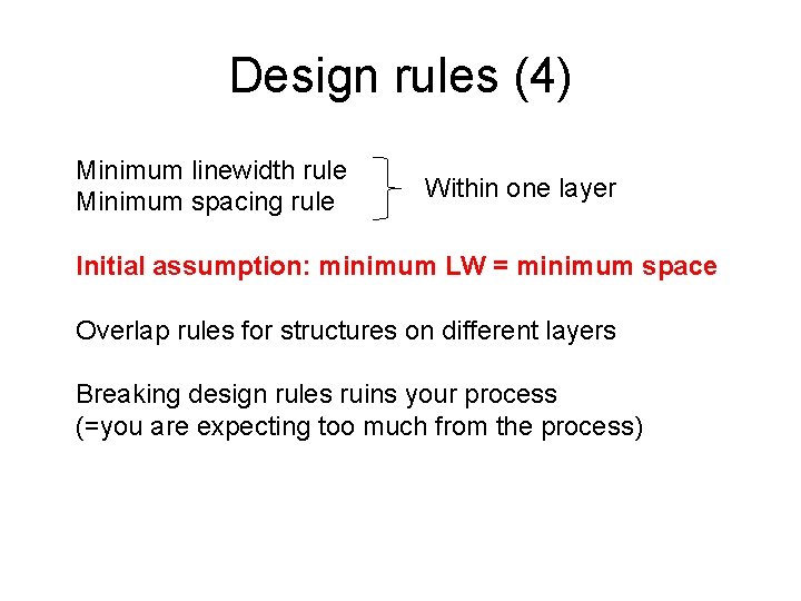 Design rules (4) Minimum linewidth rule Minimum spacing rule Within one layer Initial assumption: