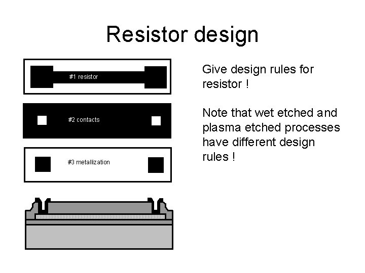 Resistor design #1 resistor #2 contactsholes #3 metallization Give design rules for resistor !