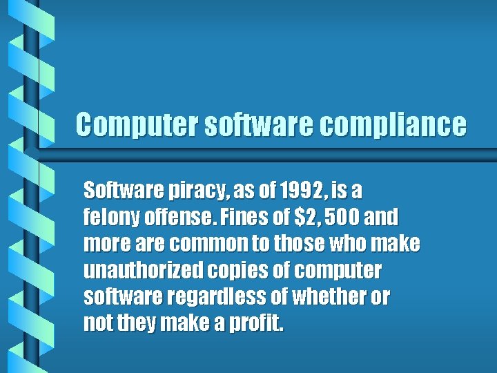 Computer software compliance Software piracy, as of 1992, is a felony offense. Fines of