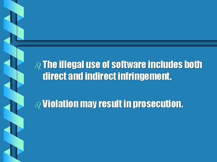 b The illegal use of software includes both direct and indirect infringement. b Violation