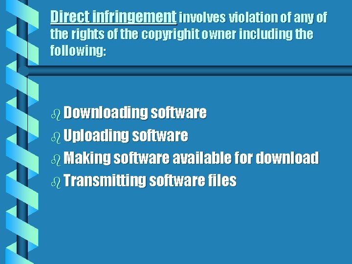 Direct infringement involves violation of any of the rights of the copyrighit owner including