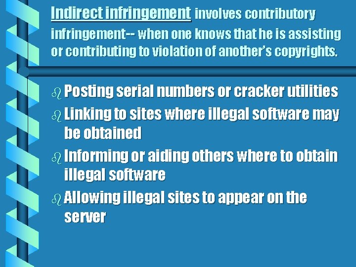 Indirect infringement involves contributory infringement-- when one knows that he is assisting or contributing
