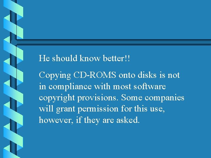 He should know better!! Copying CD-ROMS onto disks is not in compliance with most