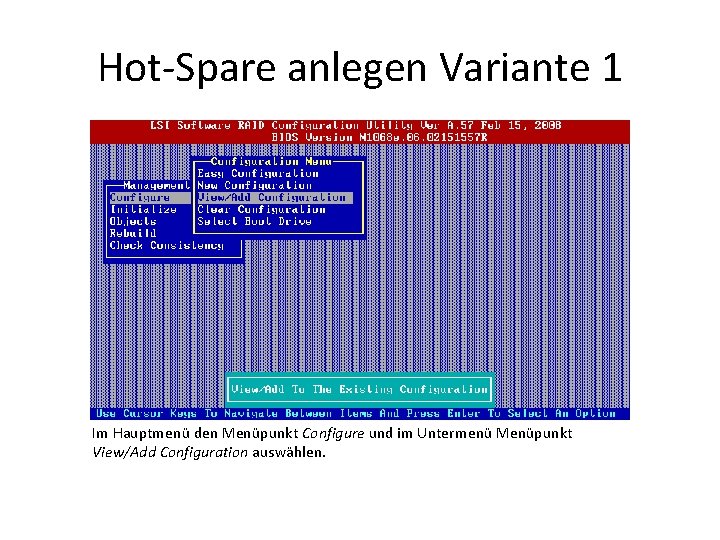 Hot-Spare anlegen Variante 1 Im Hauptmenü den Menüpunkt Configure und im Untermenü Menüpunkt View/Add