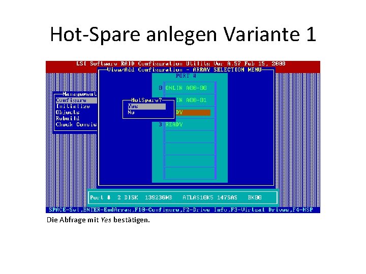 Hot-Spare anlegen Variante 1 Die Abfrage mit Yes bestätigen. 