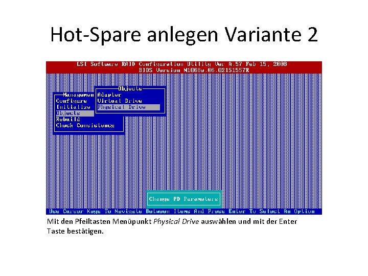 Hot-Spare anlegen Variante 2 Mit den Pfeiltasten Menüpunkt Physical Drive auswählen und mit der