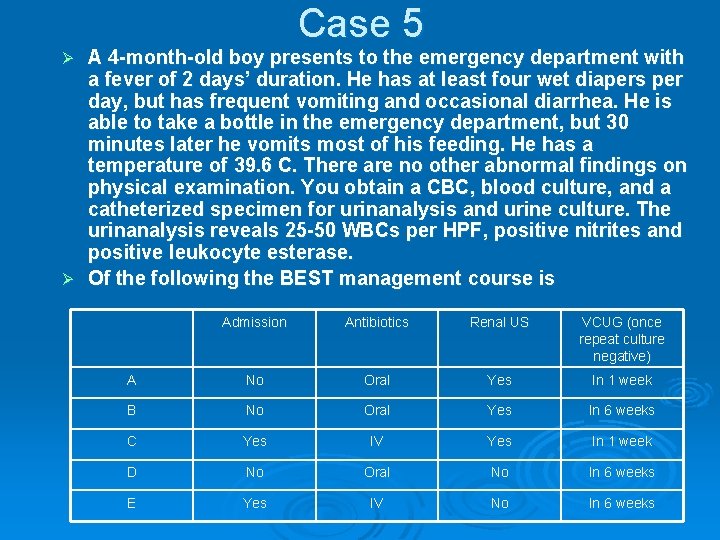 Case 5 A 4 -month-old boy presents to the emergency department with a fever