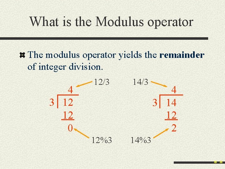 What is the Modulus operator The modulus operator yields the remainder of integer division.