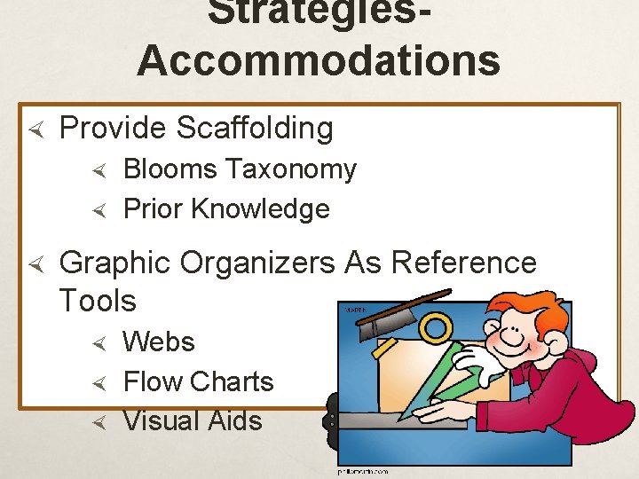 Strategies. Accommodations Provide Scaffolding Blooms Taxonomy Prior Knowledge Graphic Organizers As Reference Tools Webs