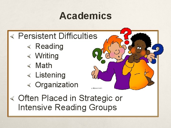 Academics Persistent Difficulties Reading Writing Math Listening Organization Often Placed in Strategic or Intensive