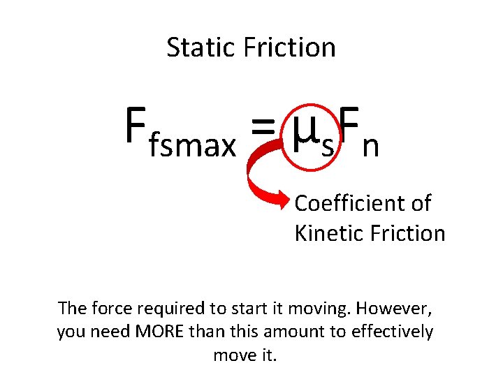 Static Friction Ffsmax = µs. Fn Coefficient of Kinetic Friction The force required to